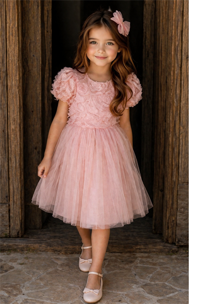  Gül Kabartma Detay Kabarık Elbise - Somon (3-8 yaş aralığı)