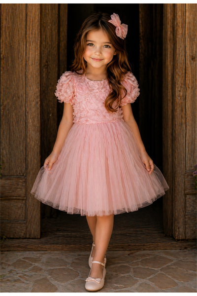  Gül Kabartma Detay Kabarık Elbise - Somon (3-8 yaş aralığı)