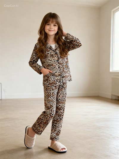Leopar Düğmeli Pİjama Takımı (4-12 yaş)