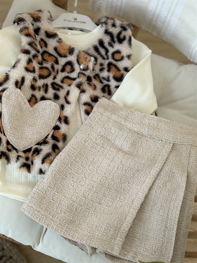 Leopar Yelekli Şort Etek 3 Parça Takım -Krem(2-5yaş)