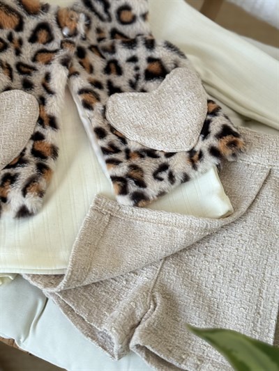 Leopar Yelekli Şort Etek 3 Parça Takım -Krem(2-5yaş)