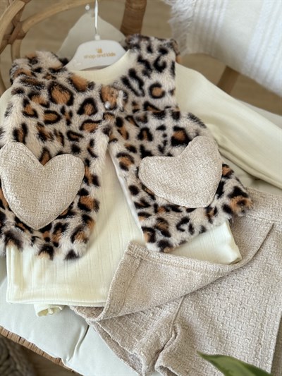 Leopar Yelekli Şort Etek 3 Parça Takım -Krem(2-5yaş)