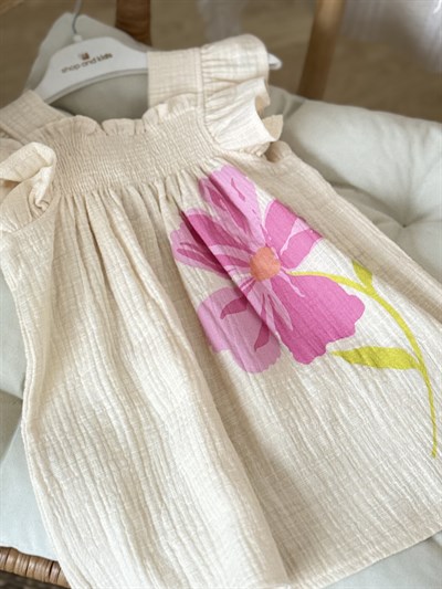 Lumi Müslin Çiçek Detay Elbise- Bej (2-8yaş)