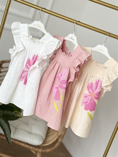 Lumi Müslin Çiçek Detay Elbise- Bej (2-8yaş)