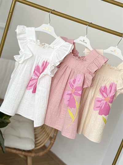 Lumi Müslin Çiçek Detay  Elbise  - Beyaz (2-8yaş)