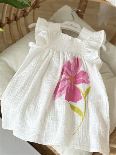 Lumi Müslin Çiçek Detay  Elbise  - Beyaz (2-8yaş)