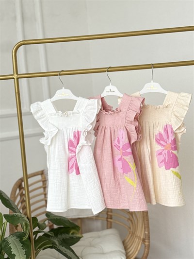 Lumi Müslin Çiçek Detay  Elbise  - Beyaz (2-8yaş)