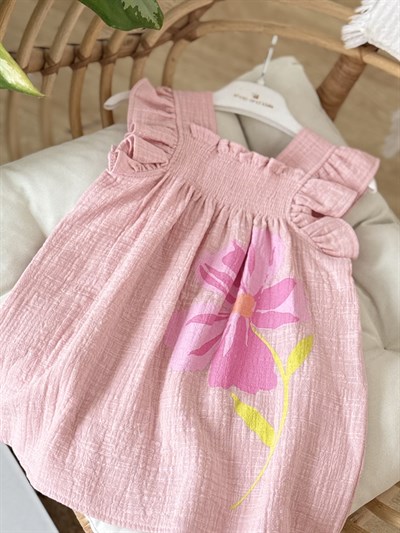 Lumi Müslin Çiçek Detay Elbise - Pembe (2-8yaş)