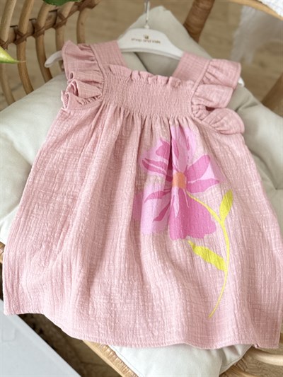 Lumi Müslin Çiçek Detay Elbise - Pembe (2-8yaş)