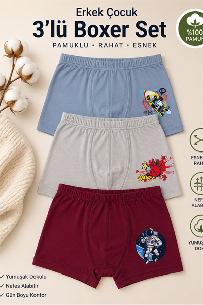 Luxxa Erkek Çocuk 3'lü Boxer Set- Asorti (3-12 yaş aralığı)