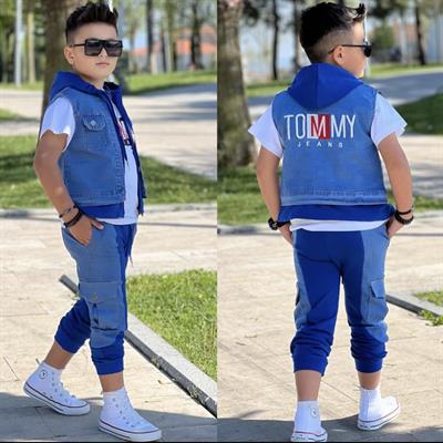 Mavi Kapüşonlu Kot Yelekli 3lü Erkek Takım (2 yaş-14 yaş)