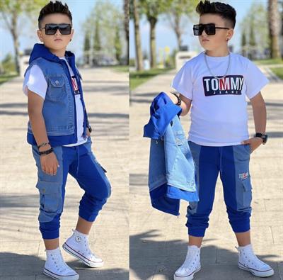 Mavi Kapüşonlu Kot Yelekli 3lü Erkek Takım (2 yaş-14 yaş)