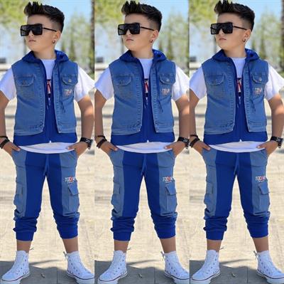 Mavi Kapüşonlu Kot Yelekli 3lü Erkek Takım (2 yaş-14 yaş)