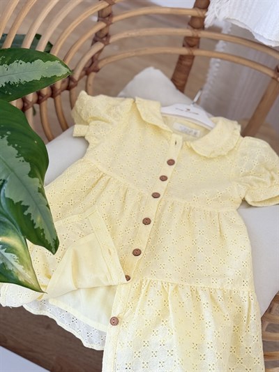 Mila Güpürlü Düğme Detay Elbise - Sarı (2yaş-10yaş)