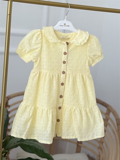 Mila Güpürlü Düğme Detay Elbise - Sarı (2yaş-10yaş)