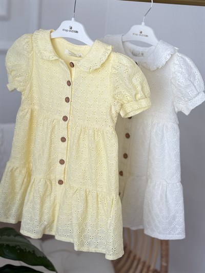 Mila Güpürlü Düğme Detay Elbise - Sarı (2yaş-10yaş)