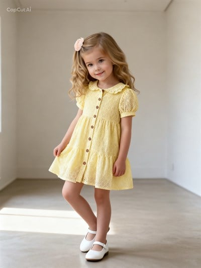 Mila Güpürlü Düğme Detay Elbise - Sarı (2yaş-10yaş)
