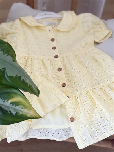 Mila Güpürlü Düğme Detay Elbise - Sarı (2yaş-10yaş)