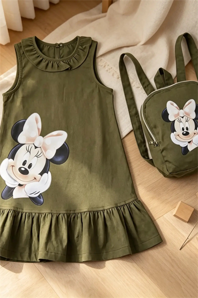 Minnie Çantalı  Elbise Haki-(2-9 yaş)