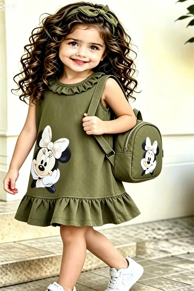 Minnie Çantalı  Elbise Haki-(2-9 yaş)