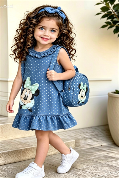 Minnie Çantalı  Elbise Mavi -(2-9 yaş)