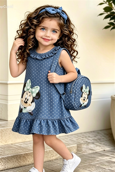 Minnie Çantalı  Elbise Mavi -(2-9 yaş)