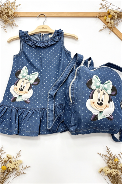 Minnie Çantalı  Elbise Mavi -(2-9 yaş)