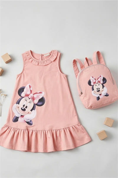 Minnie Çantalı  Elbise Somon-(2-9 yaş)