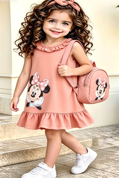 Minnie Çantalı  Elbise Somon-(2-9 yaş)