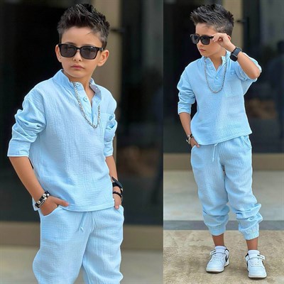 Müslin 2 li Takım Cepli -Açık Mavi (5-14 yaş aralığı)