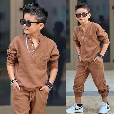 Müslin 2 li Takım Cepli -Kahve (5-14 yaş aralığı)