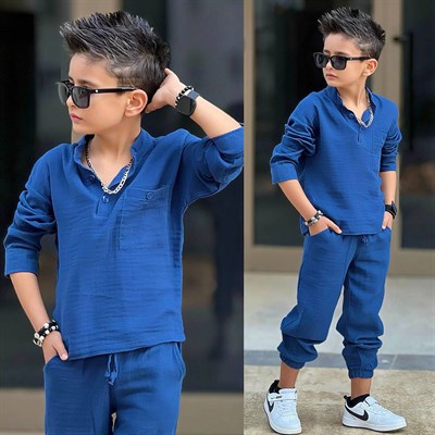 Müslin 2 li Takım Cepli -mavi(5-14 yaş aralığı)