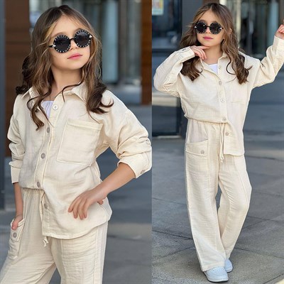 Müslin 3 Parça Takım -Krem  (5-14 yaş)