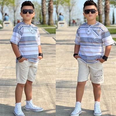Müslin Çizgili Gömlekli Takım - Kahverengi (3-12 yaş aralığı)