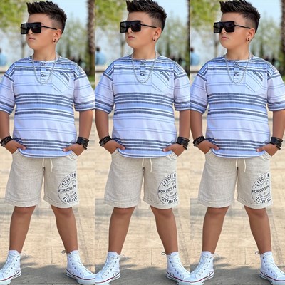 Müslin Çizgili Gömlekli Takım - Mavi (3-12 yaş aralığı)