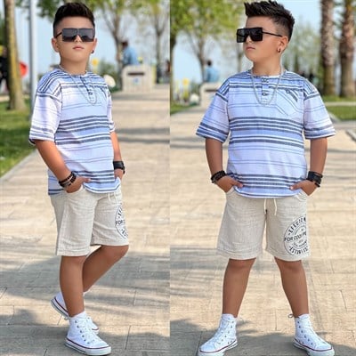 Müslin Çizgili Gömlekli Takım - Mavi (3-12 yaş aralığı)