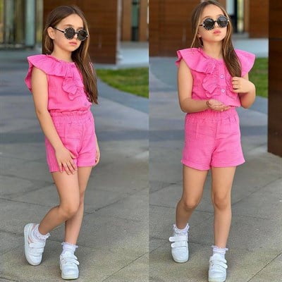 Müslin Fırfır Gömlekli Şortlu Takım - Pembe (3-10yaş)