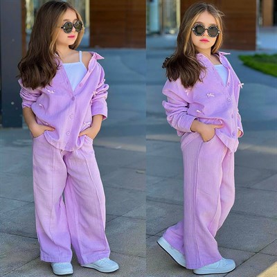 Müslin Fiyonklu 3 Parça Takım -Lila  (5-14 yaş)