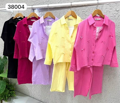 Müslin Fiyonklu 3 Parça Takım -Pudra (5-14 yaş)