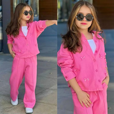 Müslin Fiyonklu 3 Parça Takım -Pudra (5-14 yaş)