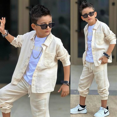 Müslin Gömlekli 3lü Takım-Krem (5-14 yaş aralığı)