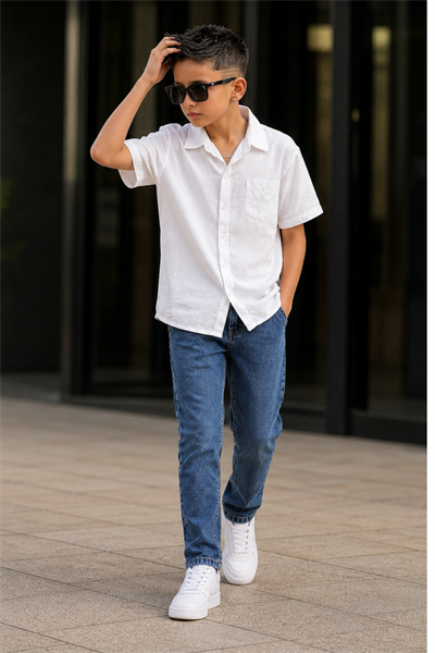 Müslin Gömlekli Denim Pantolonlu Takım - Beyaz (11-15yaş aralığı)