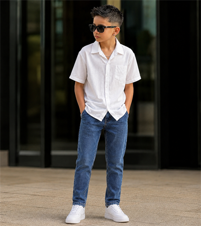 Müslin Gömlekli Denim Pantolonlu Takım - Beyaz (11-15yaş aralığı)