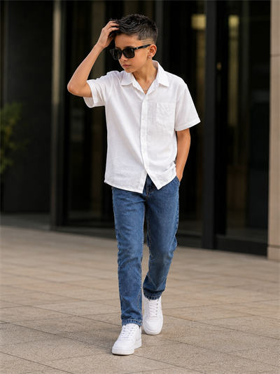 Müslin Gömlekli Denim Pantolonlu Takım - Beyaz (11-15yaş aralığı)