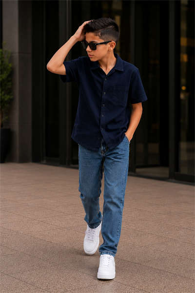 Müslin Gömlekli Denim Pantolonlu Takım - Lacivert (11-15yaş aralığı)