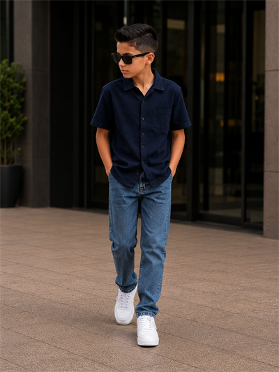 Müslin Gömlekli Denim Pantolonlu Takım - Lacivert (11-15yaş aralığı)