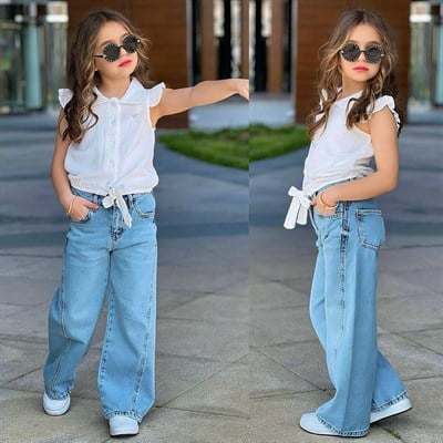 Müslin Gömlekli Kot Pantolonlu Takım - Beyaz (5-14 yaş aralığı)