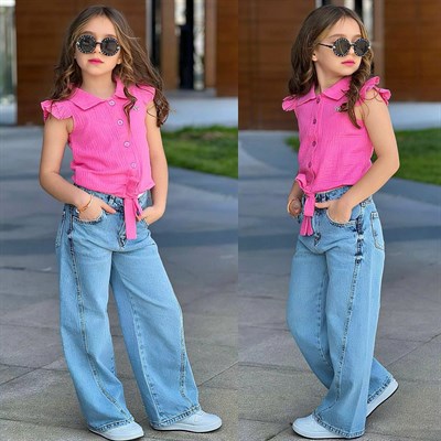 Müslin Gömlekli Kot Pantolonlu Takım - Pembe (5-14 yaş aralığı)