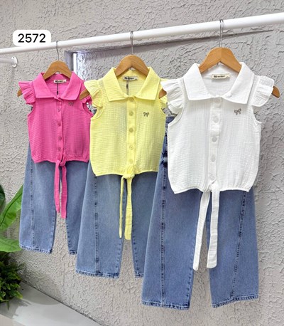 Müslin Gömlekli Kot Pantolonlu Takım - Pembe (5-14 yaş aralığı)