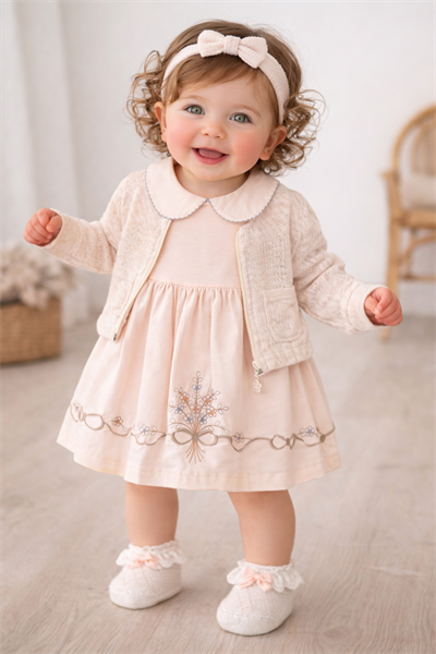 Nora Kaneviçe Detay Hırkalı Elbise - Bej (9ay-36ay)